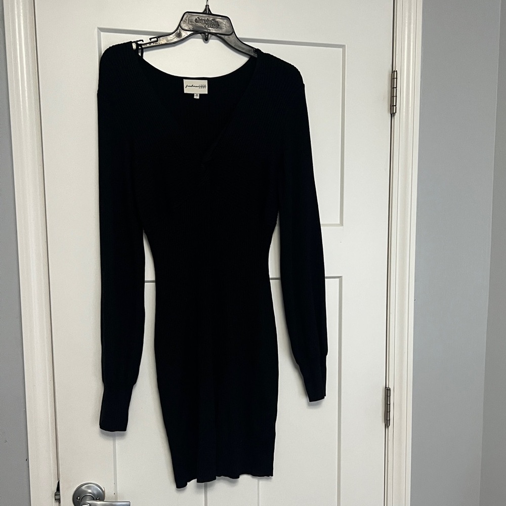 Black Midi Long Sleeve V-Neck Dress